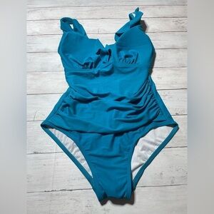 DKNY Teal Ruffle Plunge Tummy Control One Piece Swimsuit 8